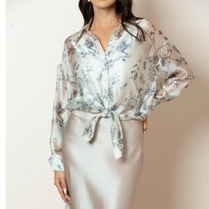 Jessie Liu Sheer Botanical Blouse Size XL Cream Gray Birds Floral Button Up Top